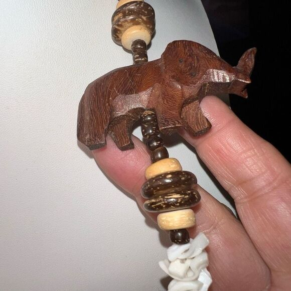 Vintage African Inspired Carved Wooden Animal Bead and Shell Necklace - Picture 7 of 9